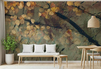 woodland wall mural behind a grey fabric sofa in a home.