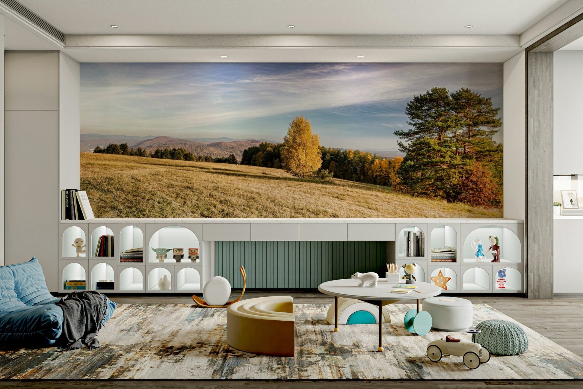 A realistic photo of an autumn meadow wall mural in a bright room.

