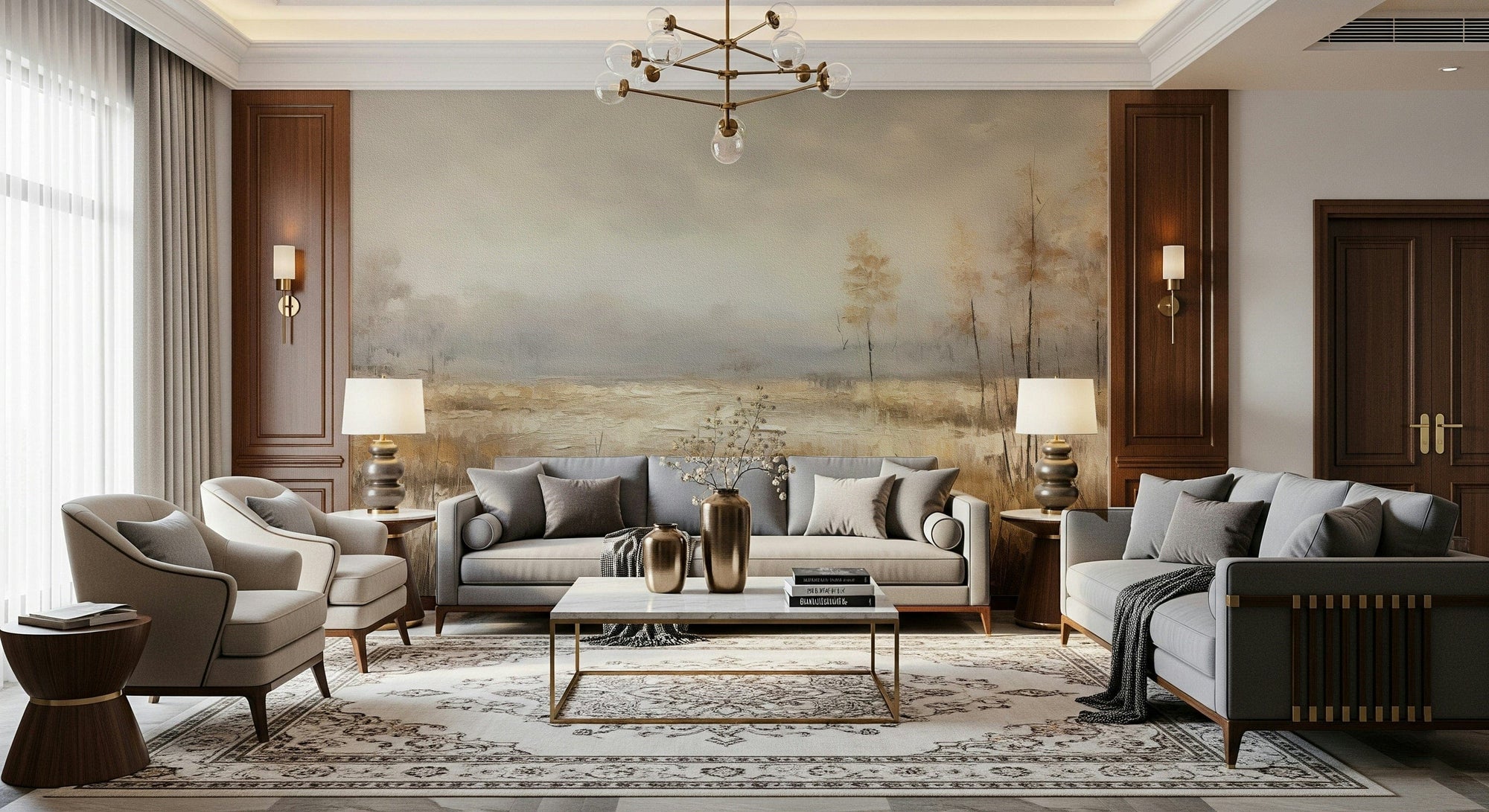 Ethereal Autumnal Meadow wallpaper mural of a foggy golden field behind a grey sofa and cream armchairs in a formal living room