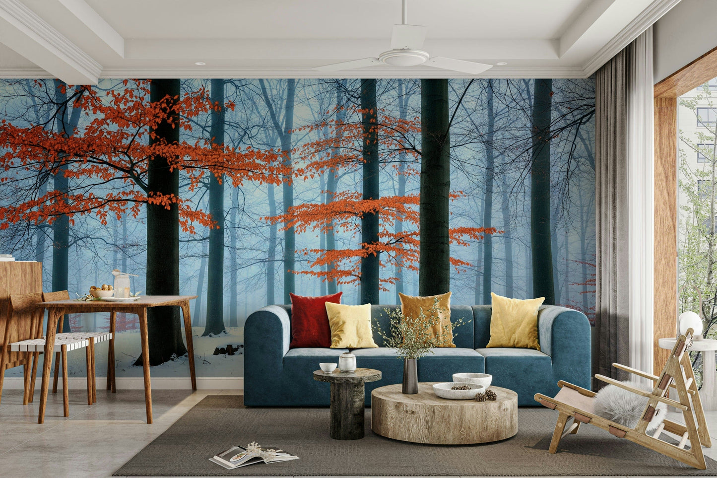 The trees are covered in leaves of various warm colors, like orange, yellow, and red.
