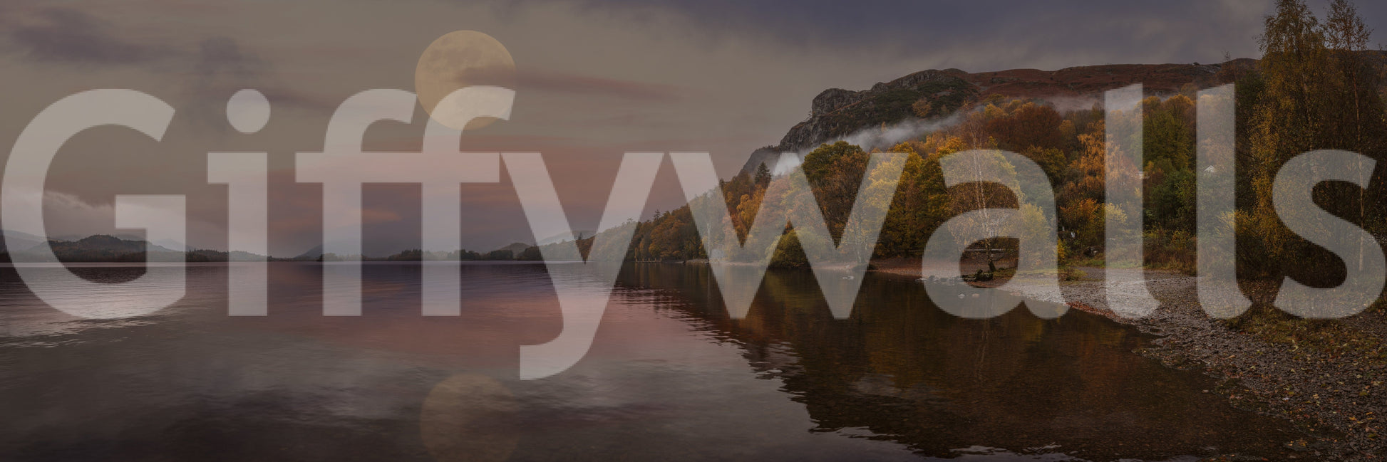 Golden fall lake wallpaper for bedroom feature wall, modern color tones