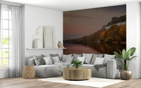 Autumn lake wall mural for apartment entryway, moonlit nature scene