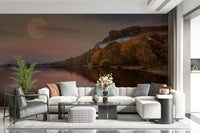 Moody autumn lake wallpaper for apartment bedroom, warm color landscape