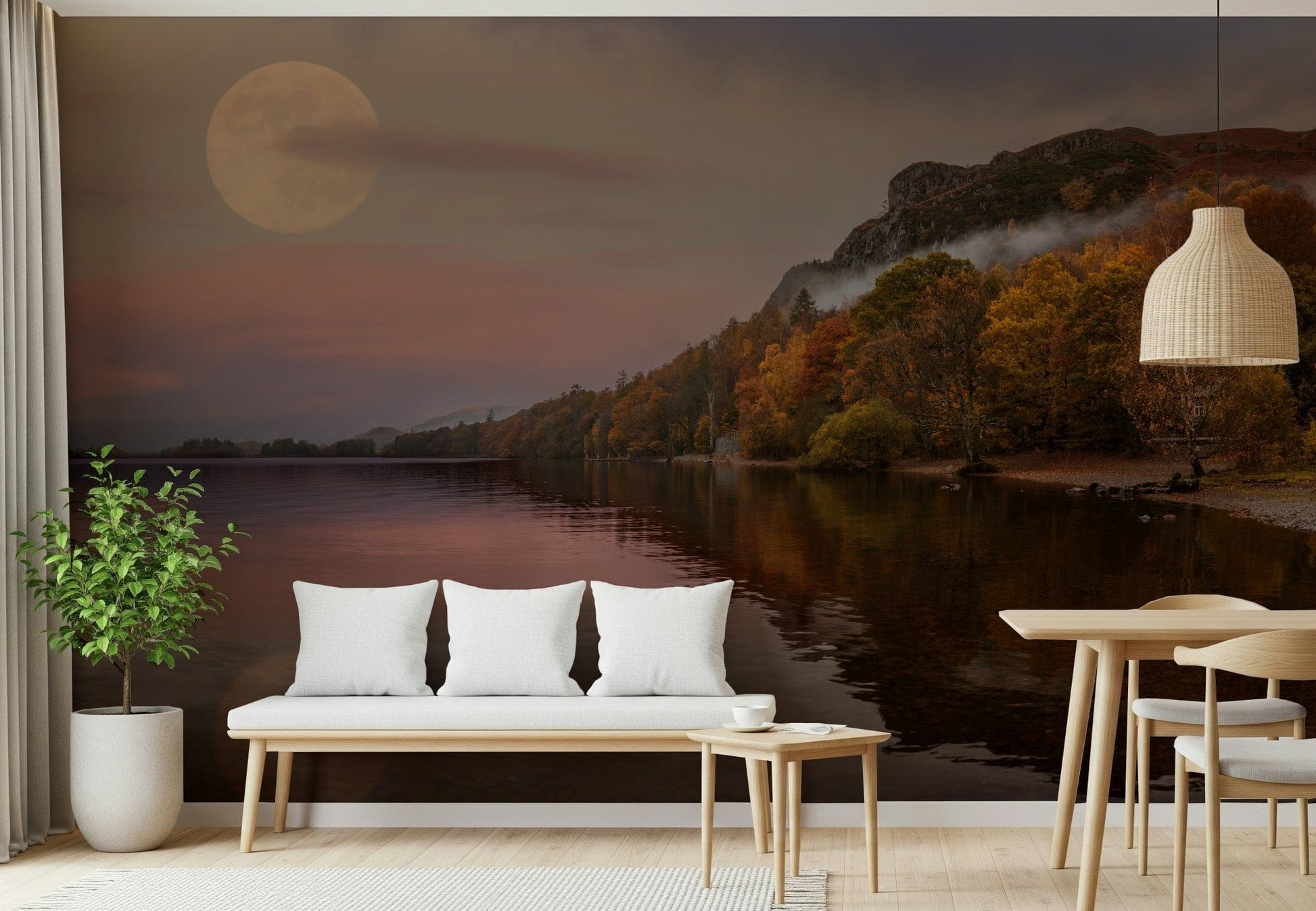 Autumnal Lake's Moon Wall Mural in lounge, modern wall decor with moon