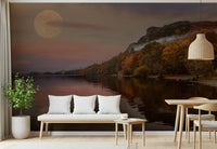 Autumnal Lake's Moon Wall Mural in lounge, modern wall decor with moon