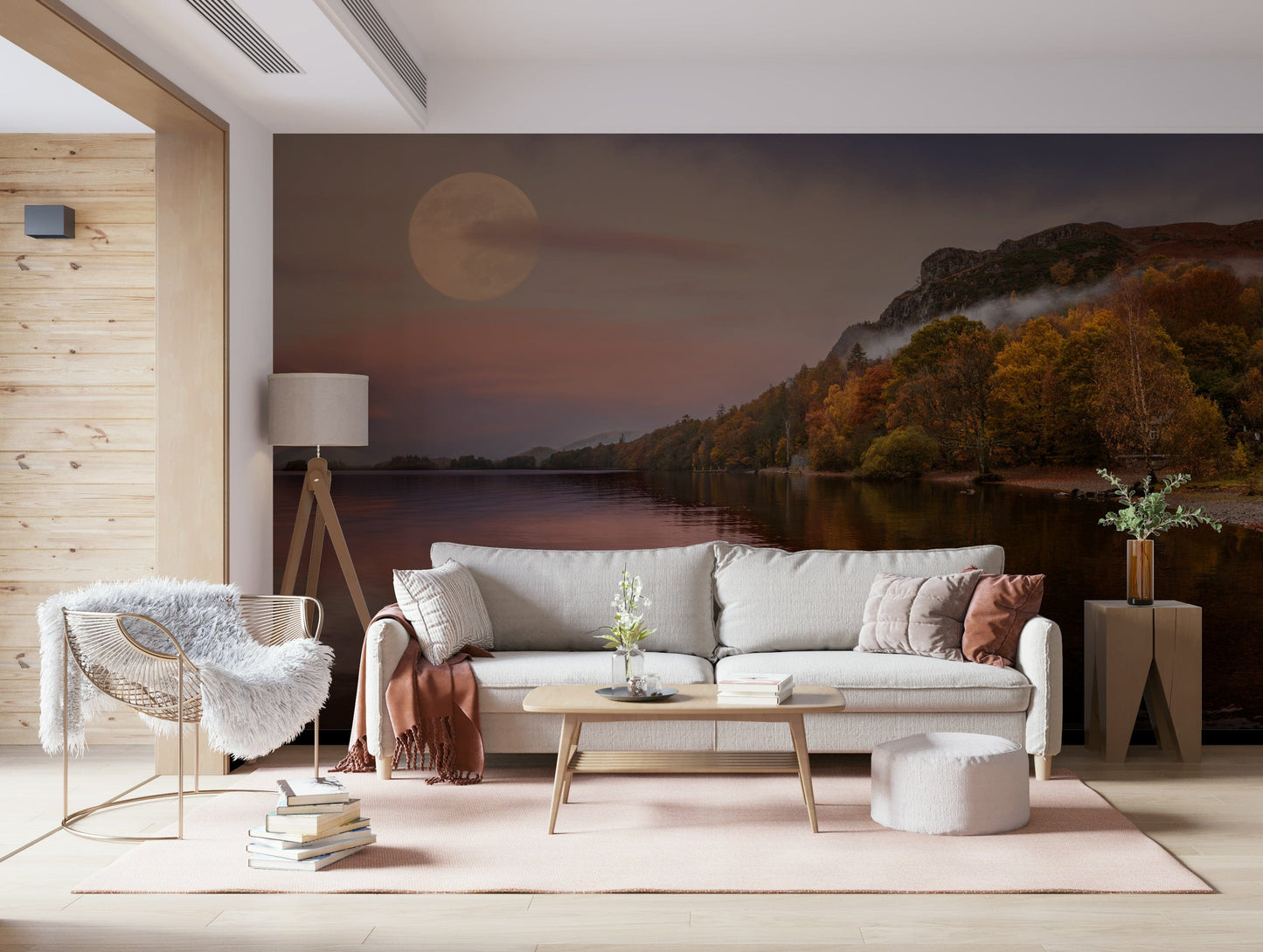 Fall forest and lake wallpaper for dining area, soft color and moonlight