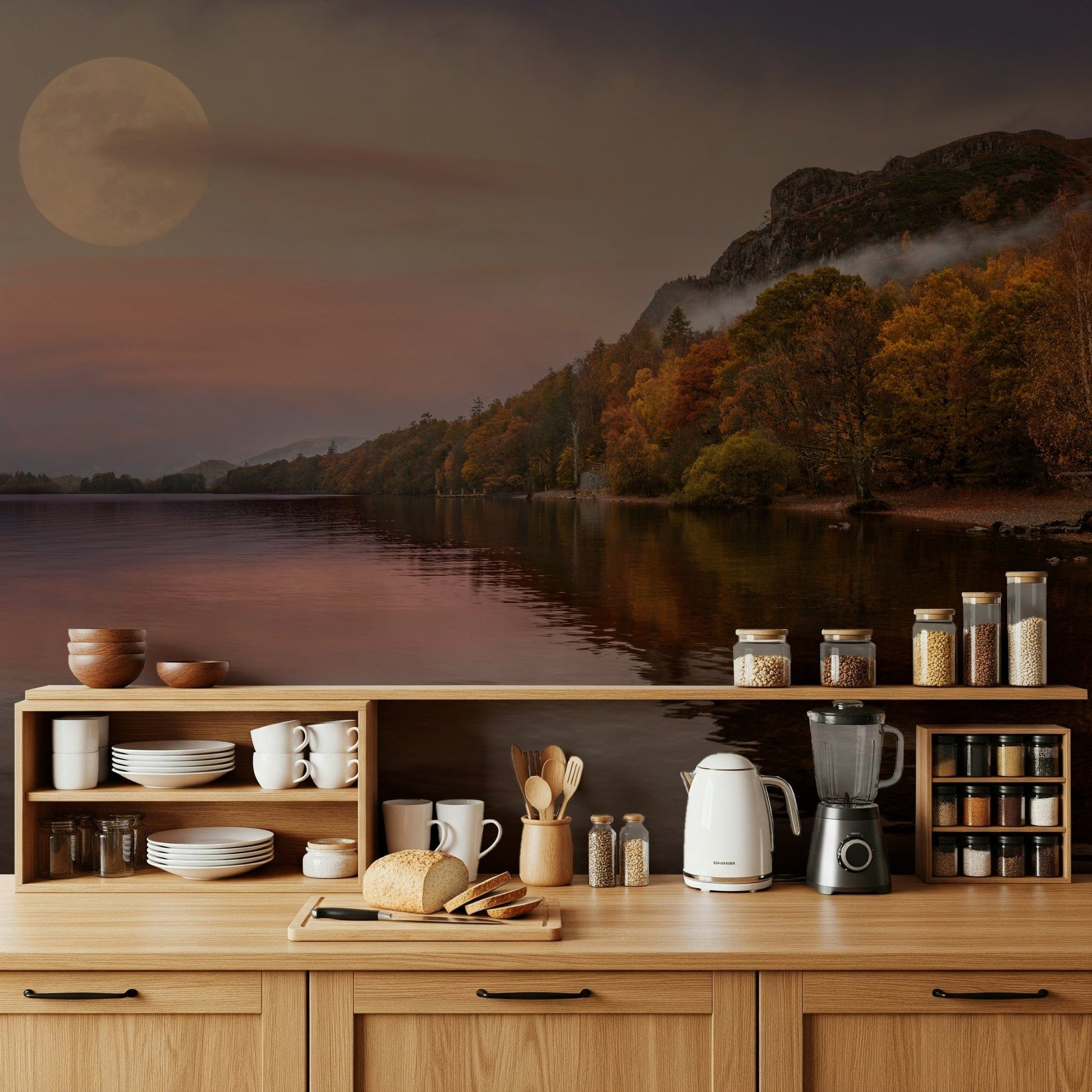 Calm moonlit lake wall mural for office feature wall, modern nature style