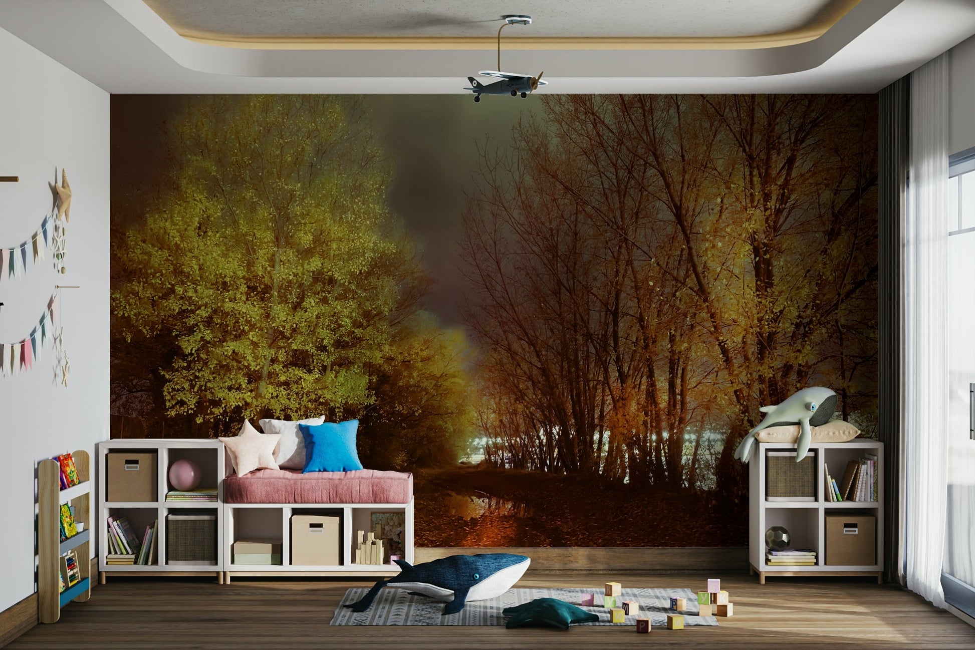 Wall covering evoking autumn's magic.

