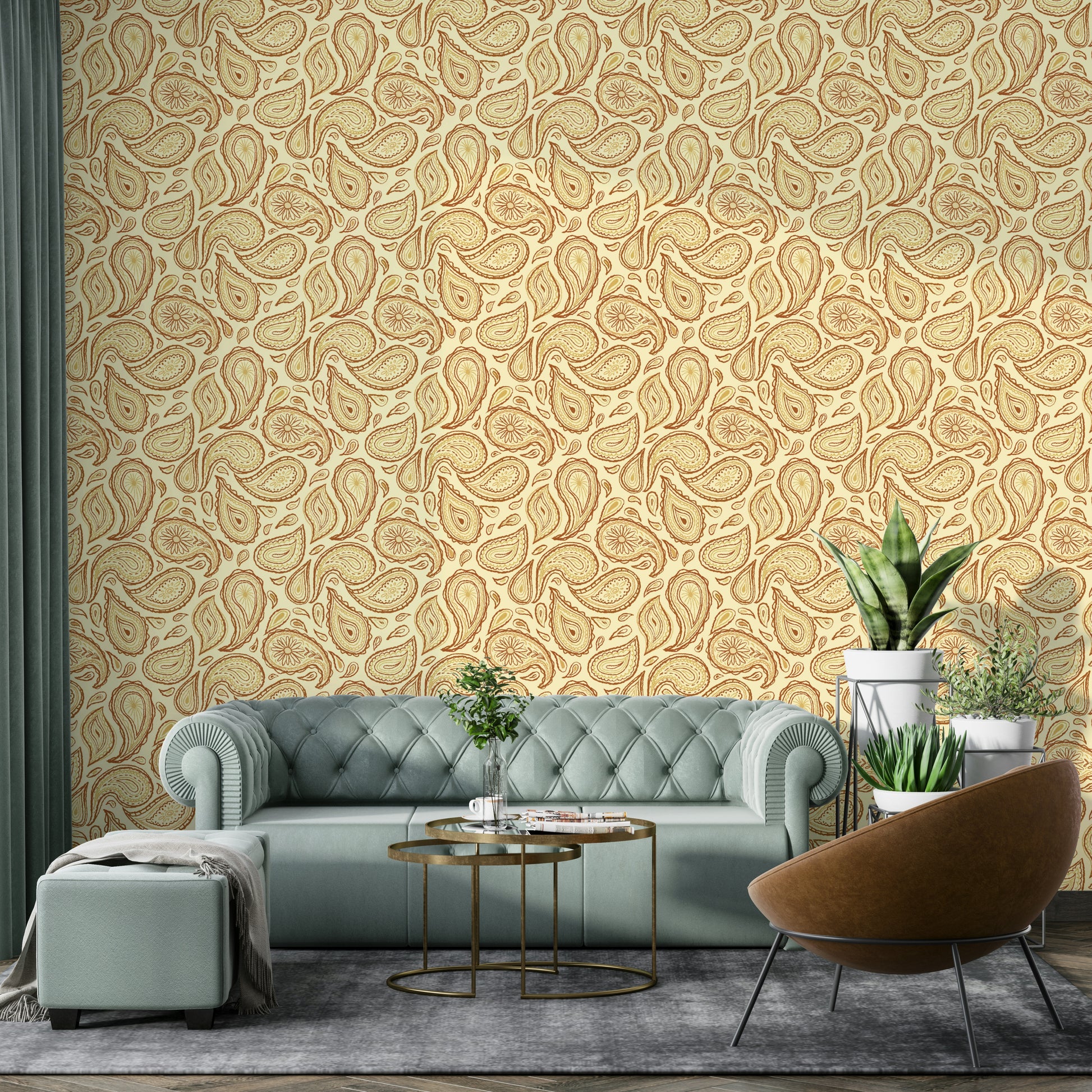 Warm-toned paisley wallpaper for seasonal decor

