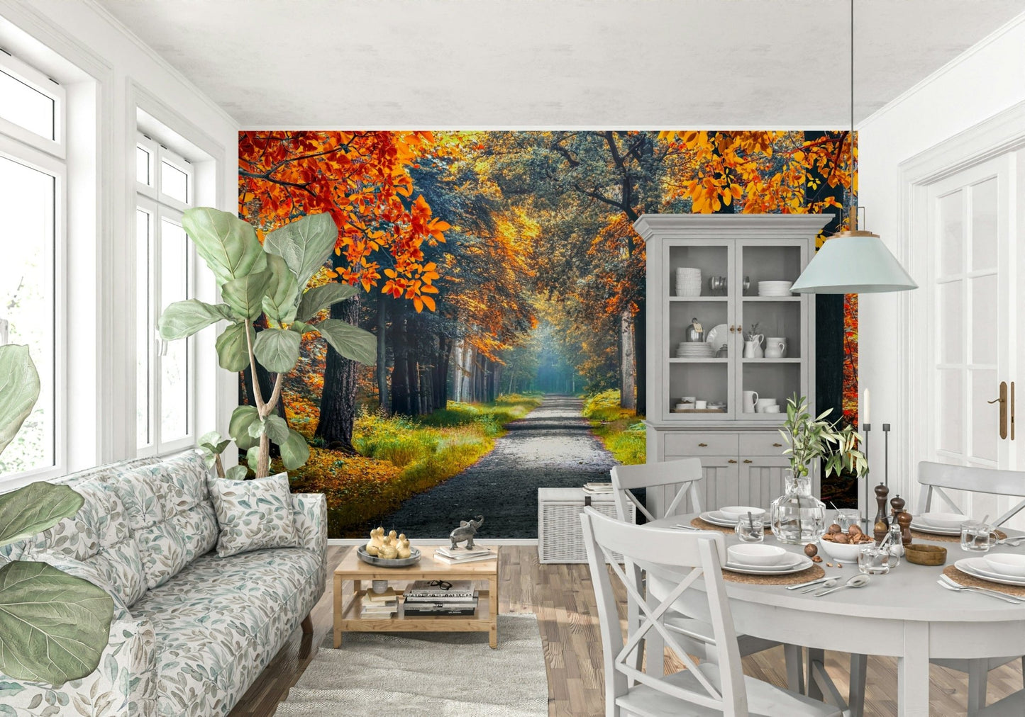 Autumn path wall mural for bedroom, forest wallpaper scene with warm orange and muted green tones