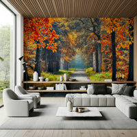 Nature wallpaper mural featuring an autumn forest path, tree wallpaper texture with gentle depth