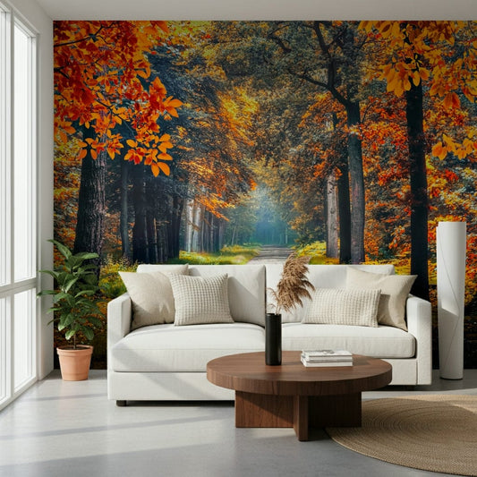 Autumn path wall mural with orange and green trees, forest wallpaper look for a calm hallway