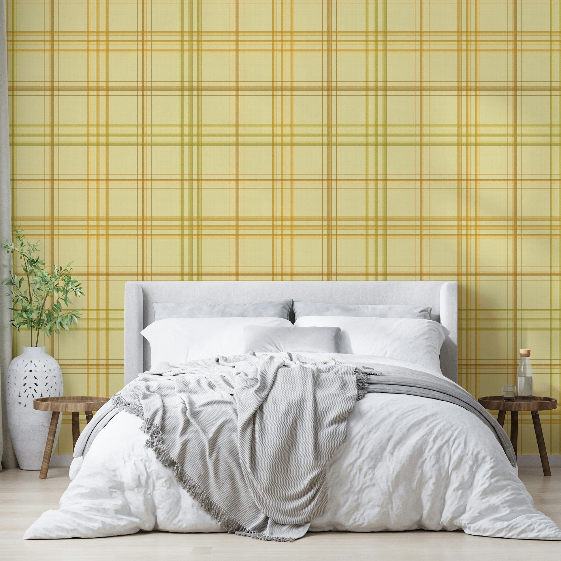 An artistic plaid textile mural on cozy wallpaper.

