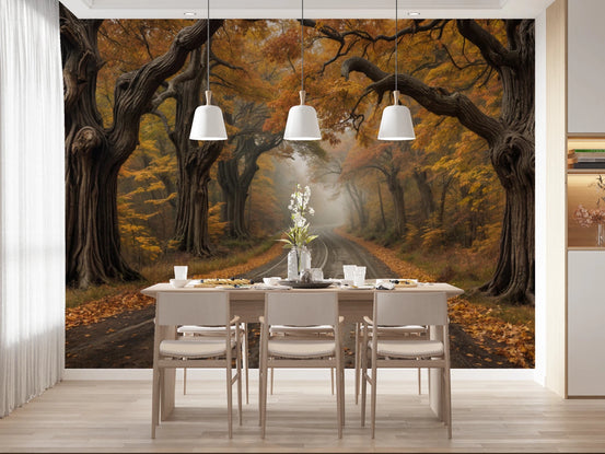 Autumn Road Canopy wallpaper mural of a misty tree-lined road behind a wood dining table and cream chairs in a dining room