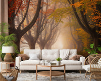 Autumn road wall décor in sitting room, soft sunlight, warm tones, modern interior