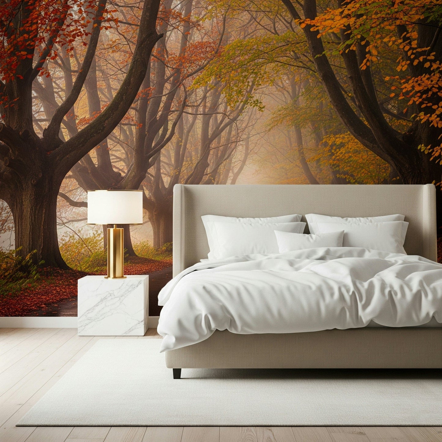 Tree-lined autumn road mural on feature wall, lounge, calm landscape scene