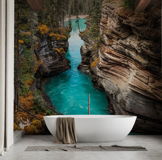 Autumn Serenity at Athabasca Falls wallpaper of a turquoise canyon river behind a white freestanding tub