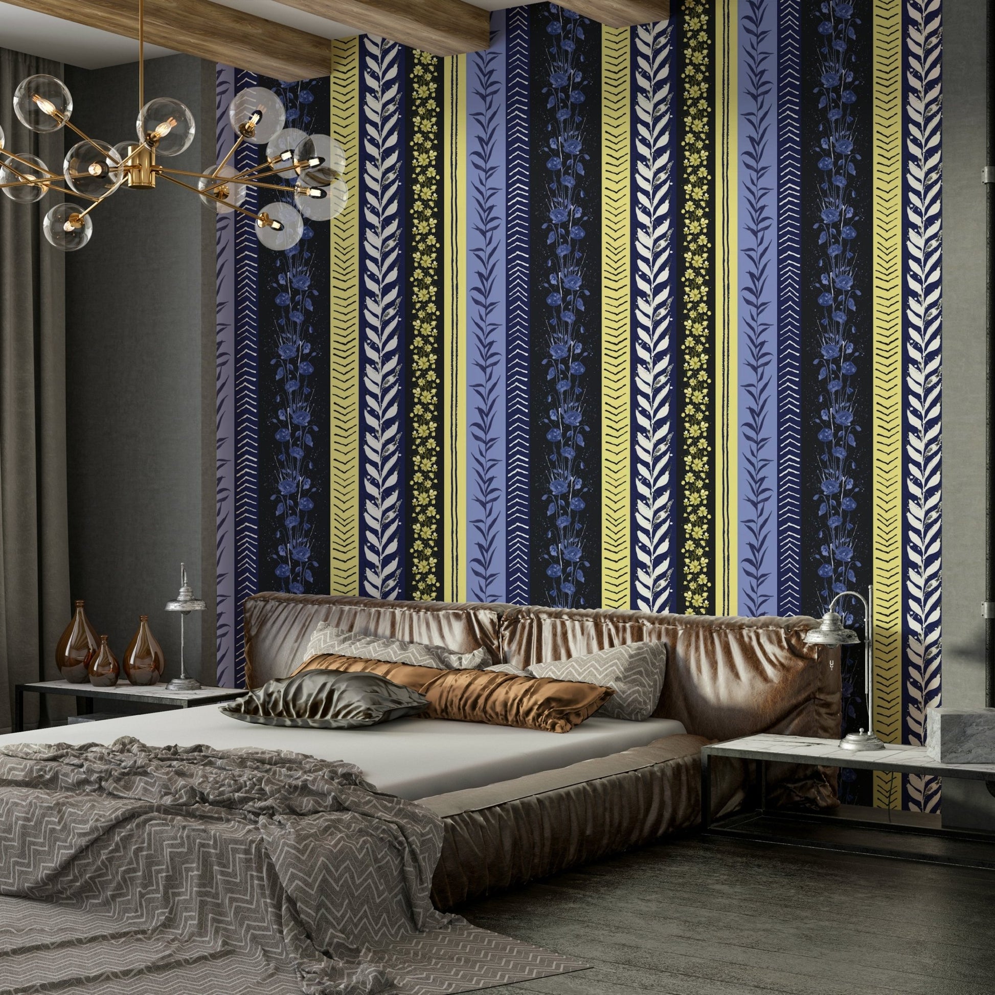 Autumn Stripes Modern Blue Yellow Wallpaper.

