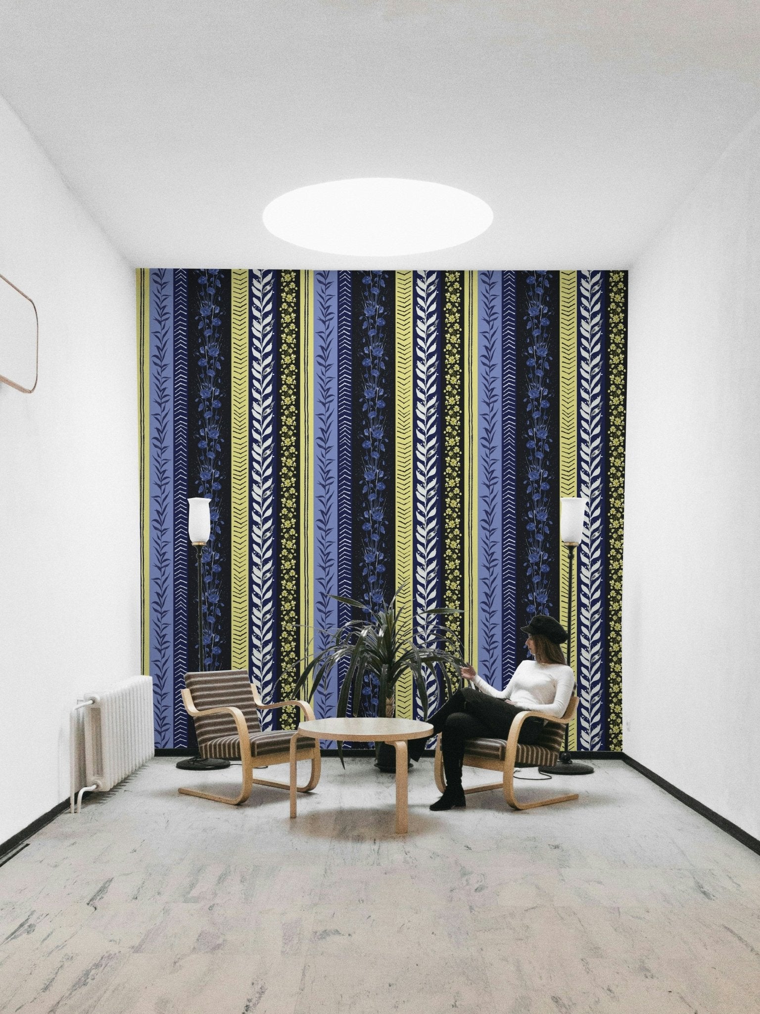 Wallpaper with abstract arrow and plant patterns.

