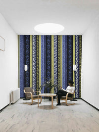 Wallpaper with abstract arrow and plant patterns.

