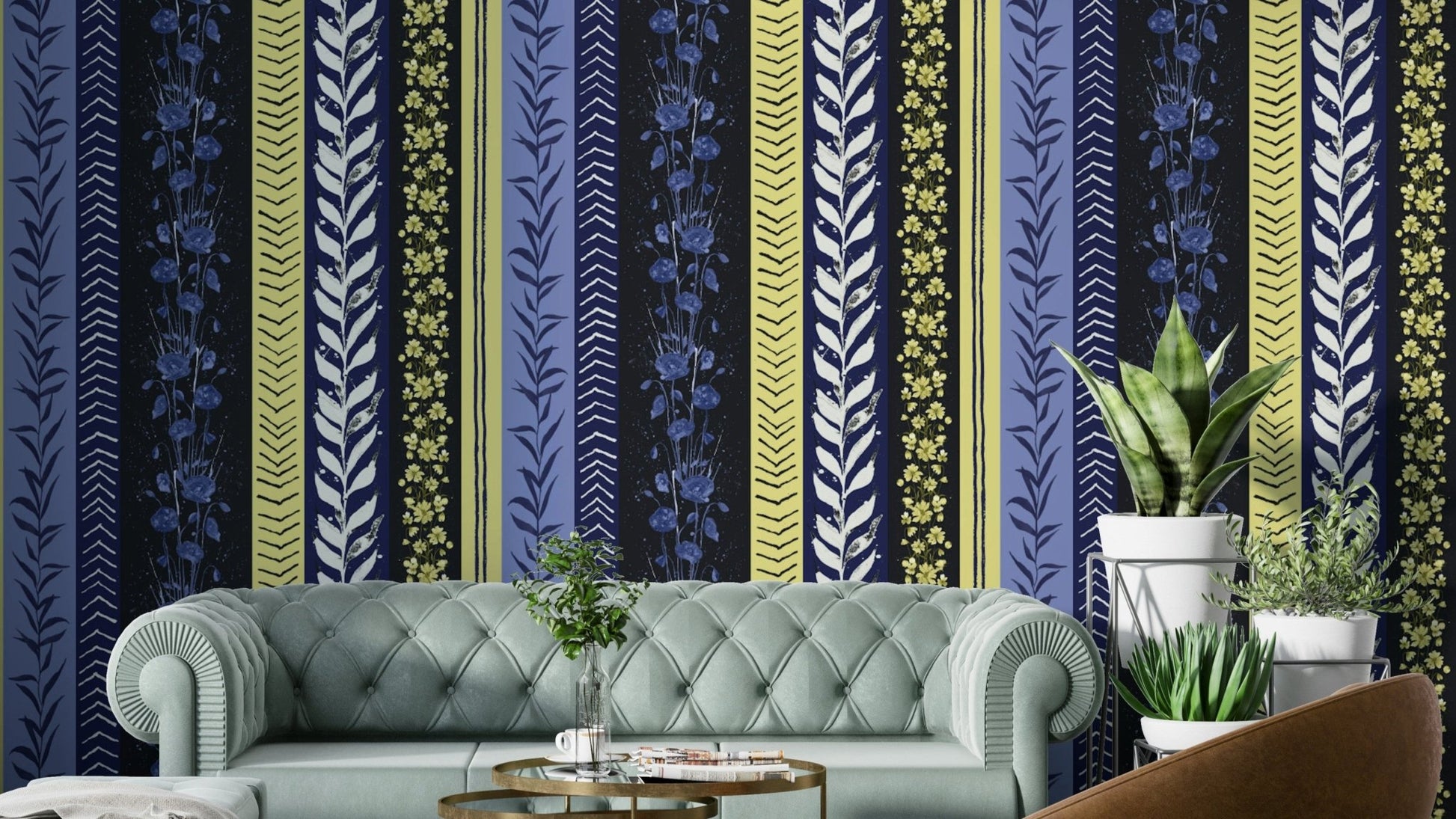 Wallpaper with leaf and floral designs.

