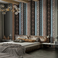 Wallpaper with vertical stripes of different patterns.

