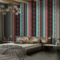 Wallpaper with vertical stripes of different patterns.

