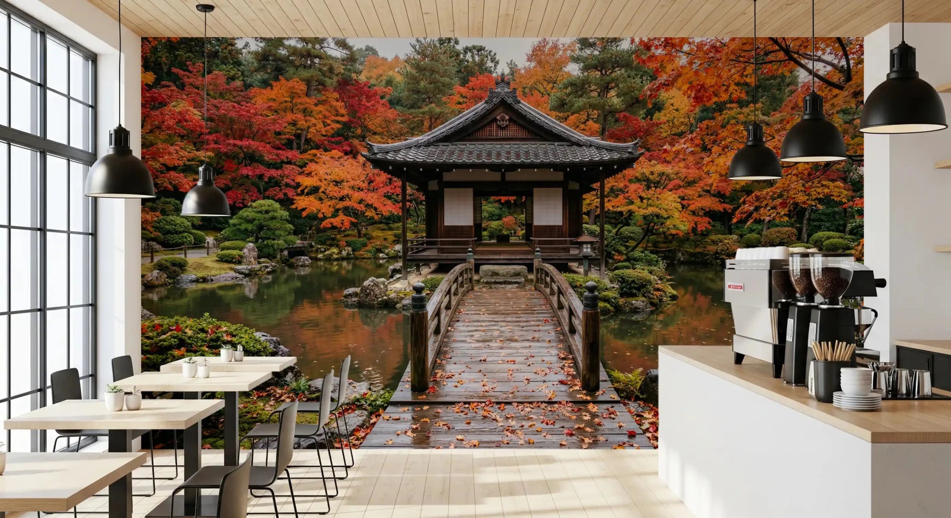 Autumn season temple wall mural with vibrant colors for restaurant & Cafe.