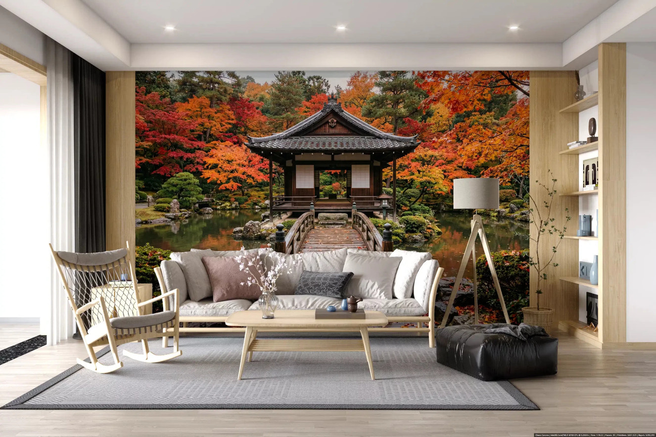 Autumn Temple Calm wall mural in a modern living room setting