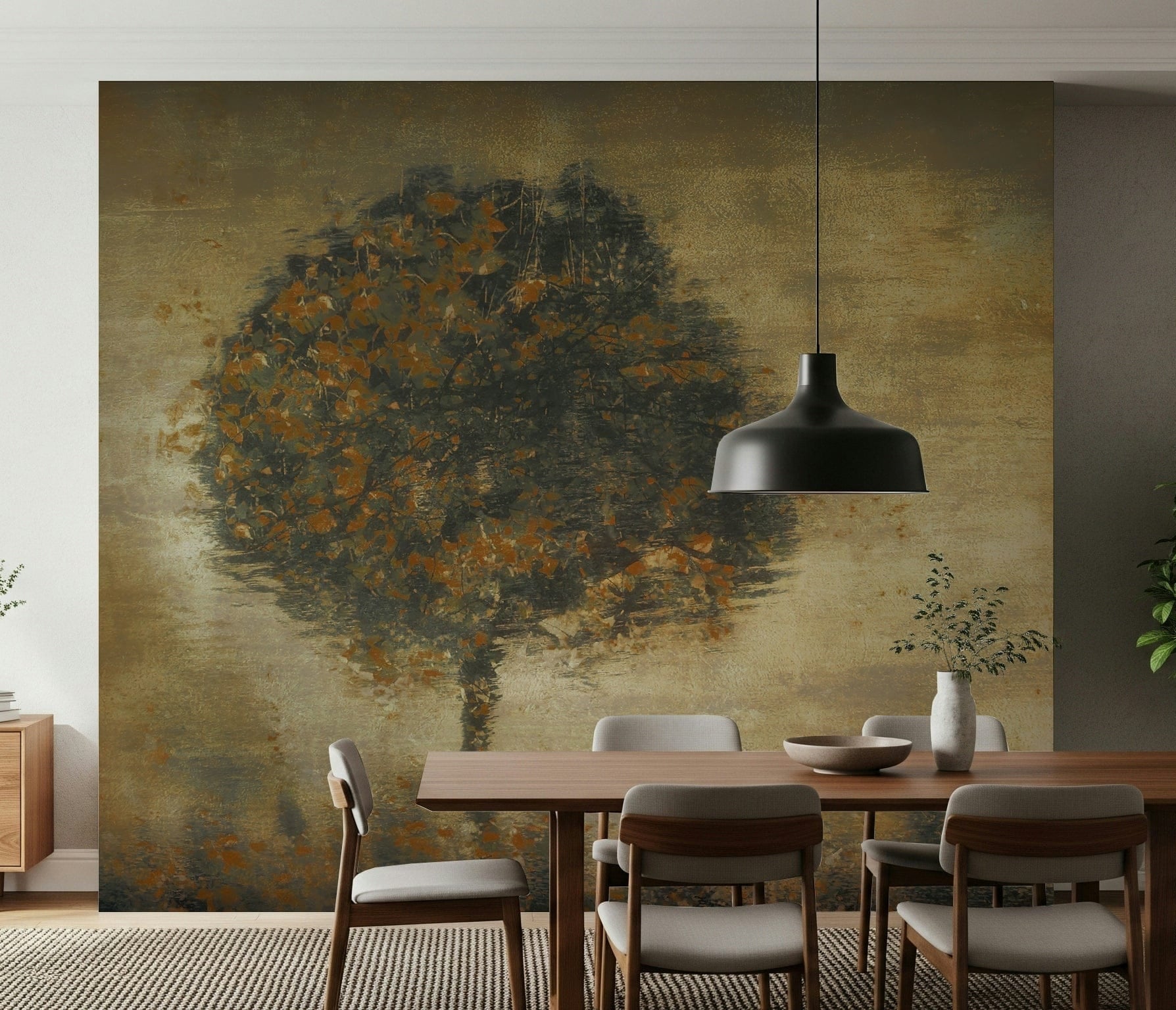 Autumnal Solitude wallpaper mural of a lone rust-leaved tree on a gold wall in a dining room with walnut table and beige chairs