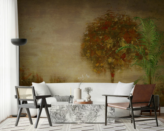 Autumnal Hues wallpaper mural of a red and gold autumn tree above a white sofa, leather chair and marble table