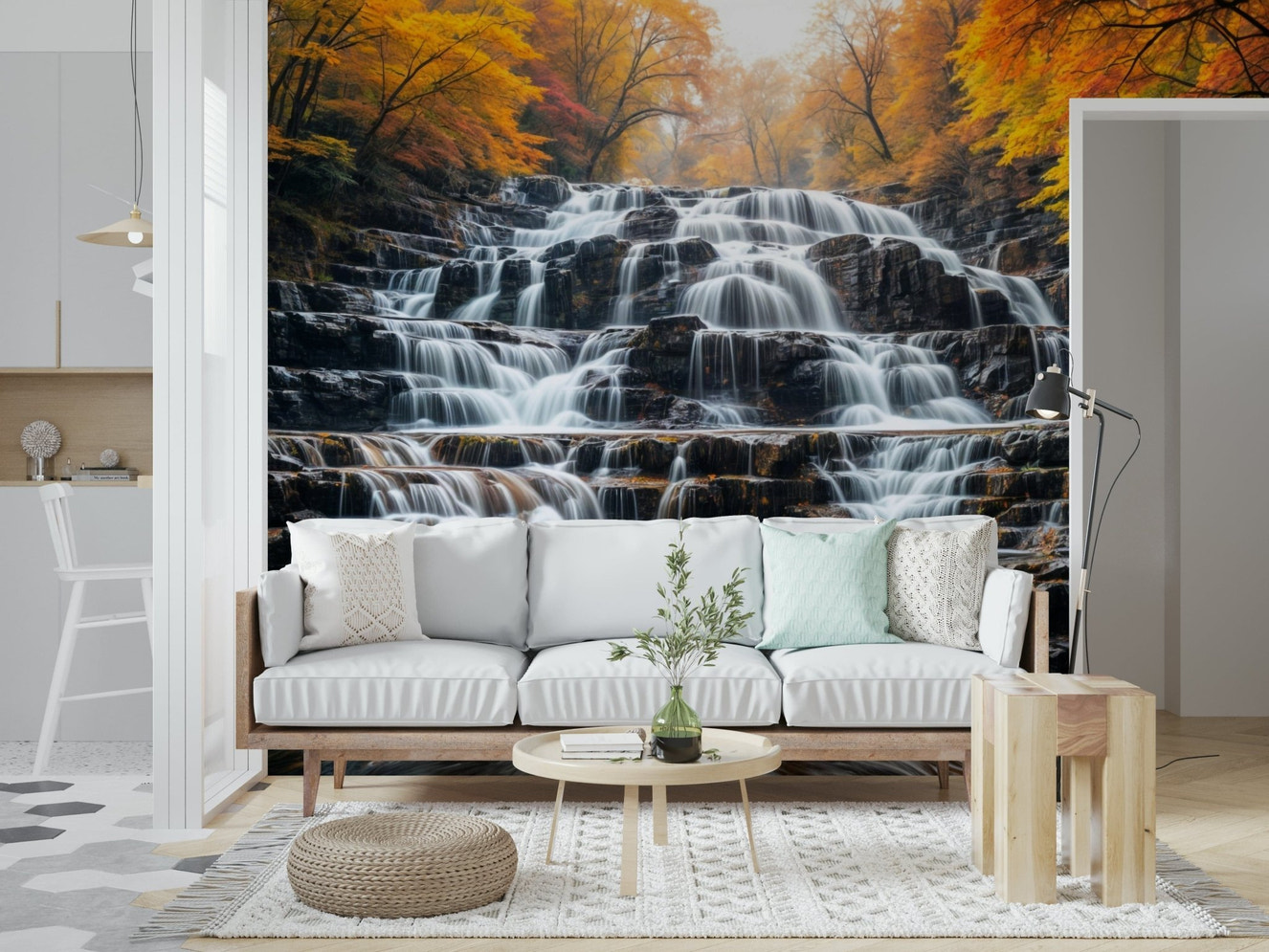 Autumn waterfall wall mural in modern living room.