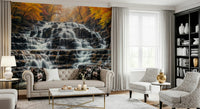 Waterfall and autumn forest mural in dining room, modern decor, statement wall background