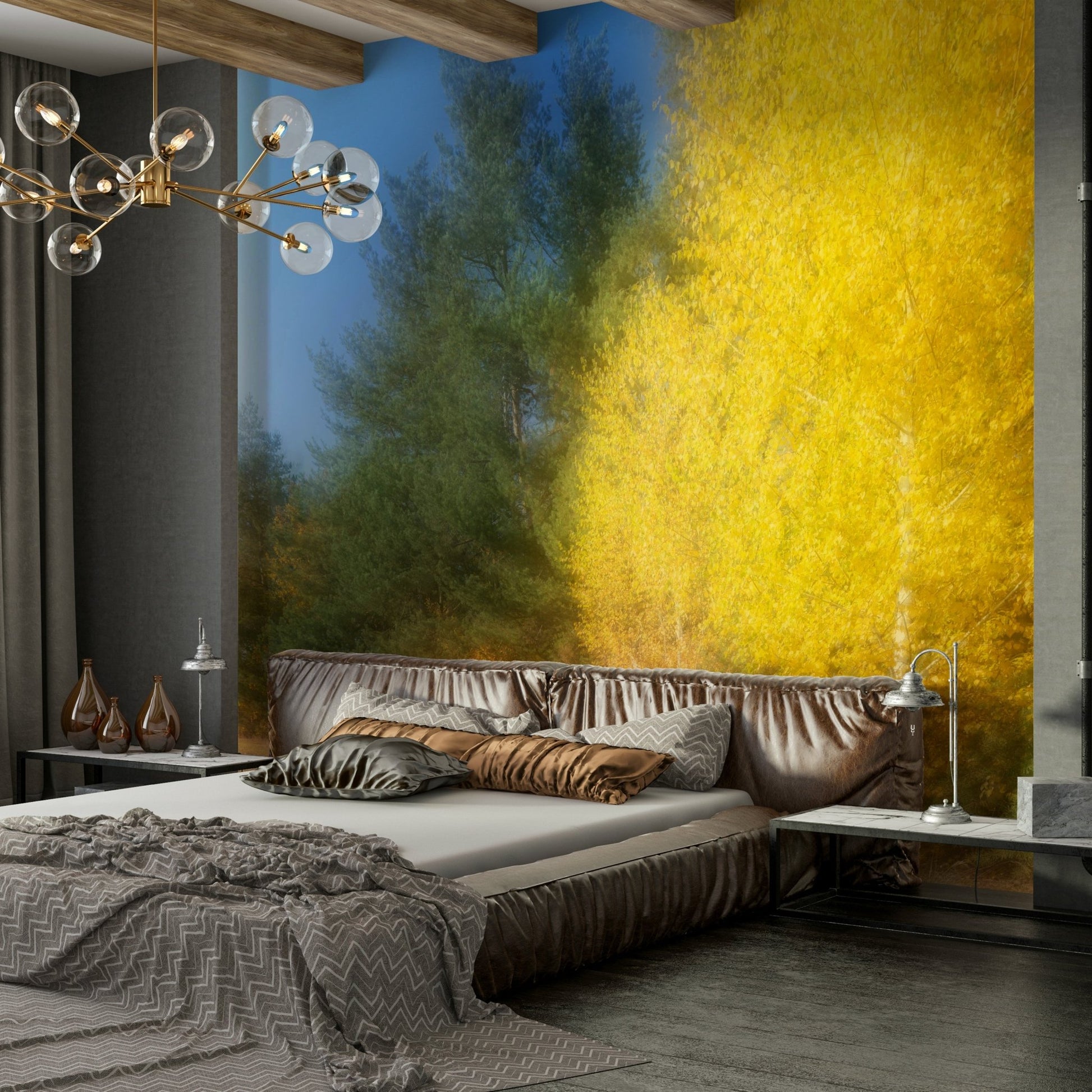 An abstract wall mural showing a landscape with blurred yellow and green hues.

