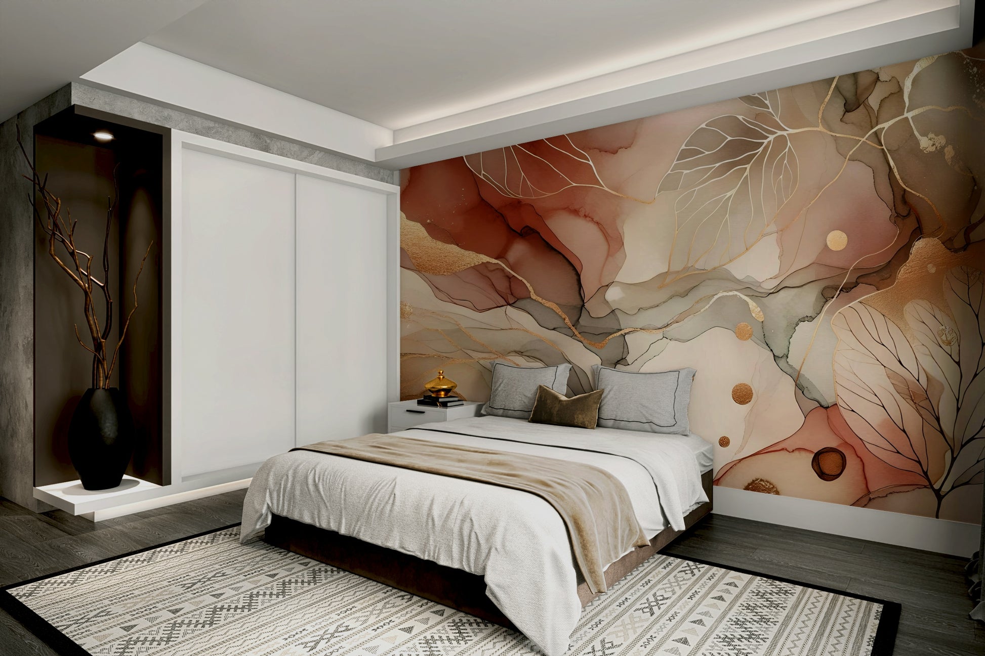 Serene fall mural with golden leaves and soft amber tones for cozy spaces.


