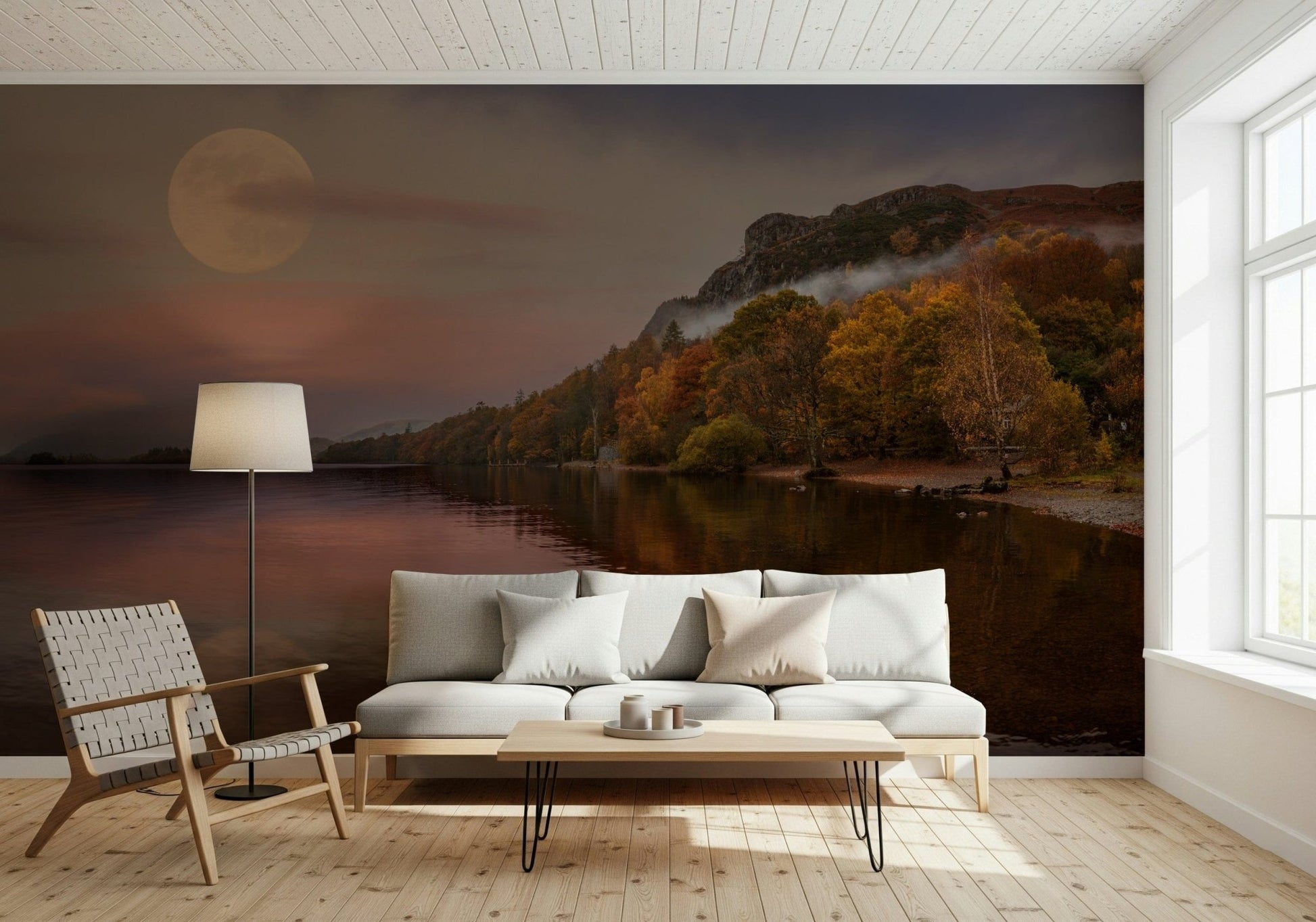 Moon over lake wallpaper for reading nook, warm color nature backdrop