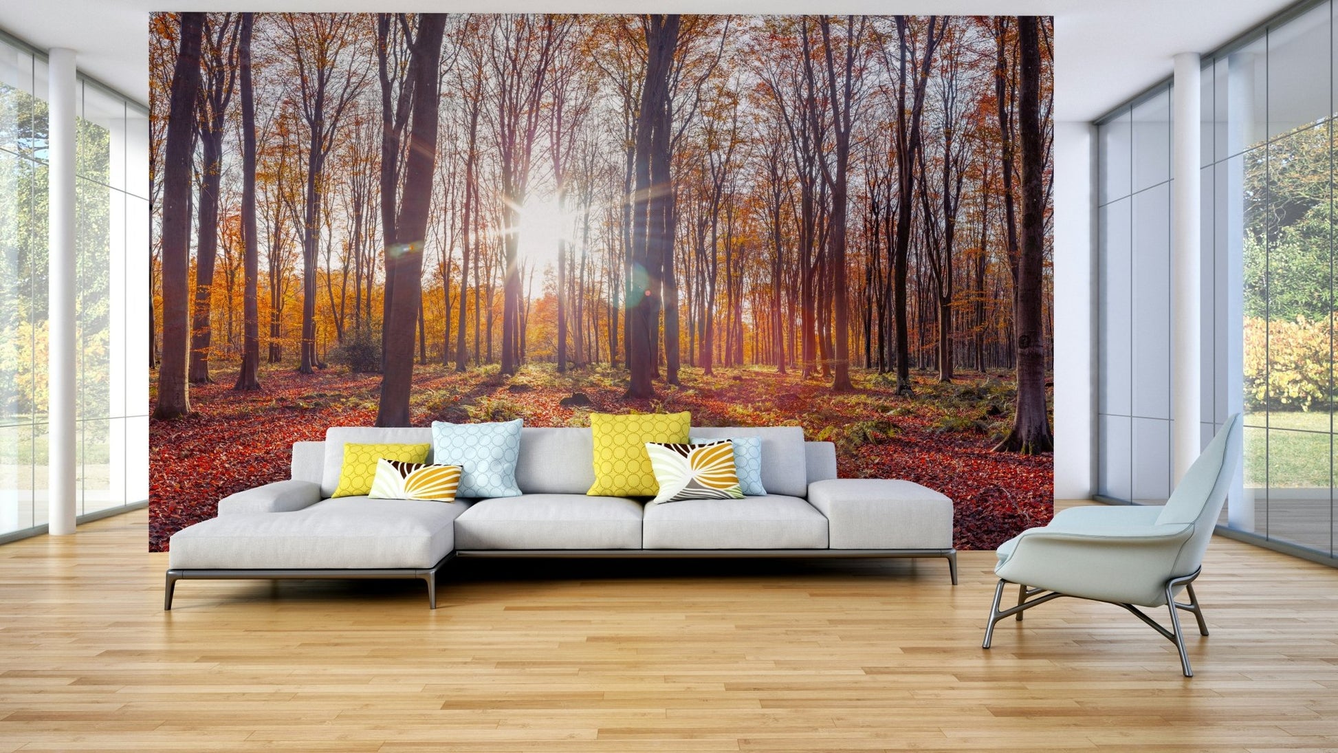 Soft autumn tones creating a cozy atmosphere with a wall mural

