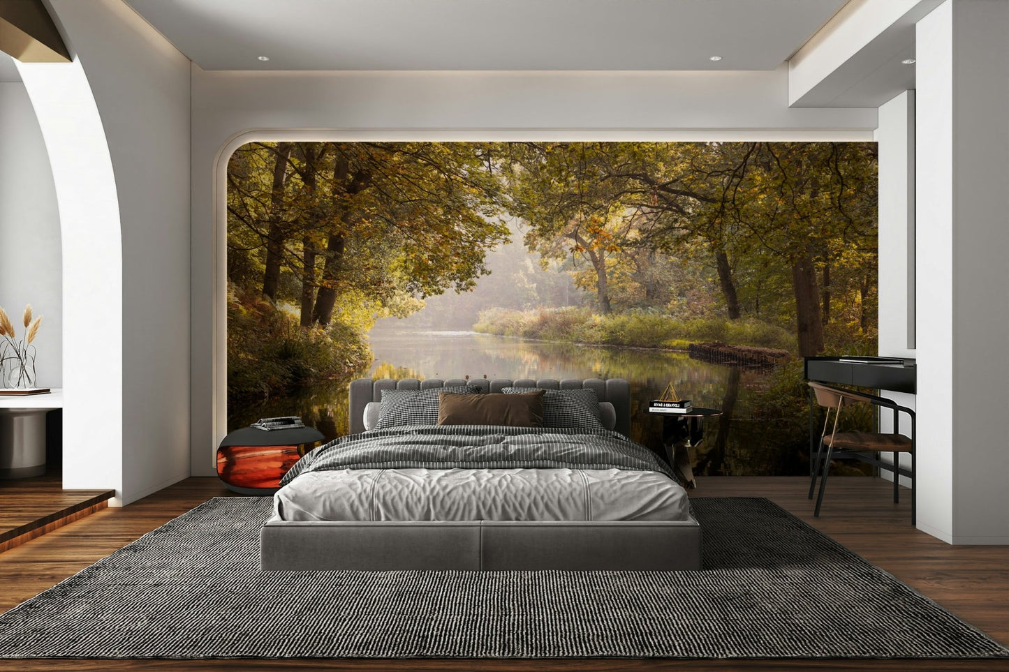 The trees have autumn leaves, giving the scene a fall feel.

