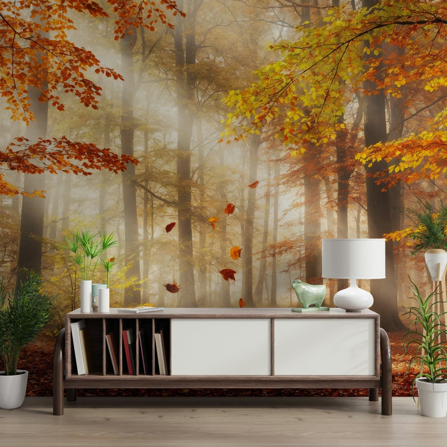 Modern lounge with golden autumn mural wallpaper, textured rug and neutral sofa styling