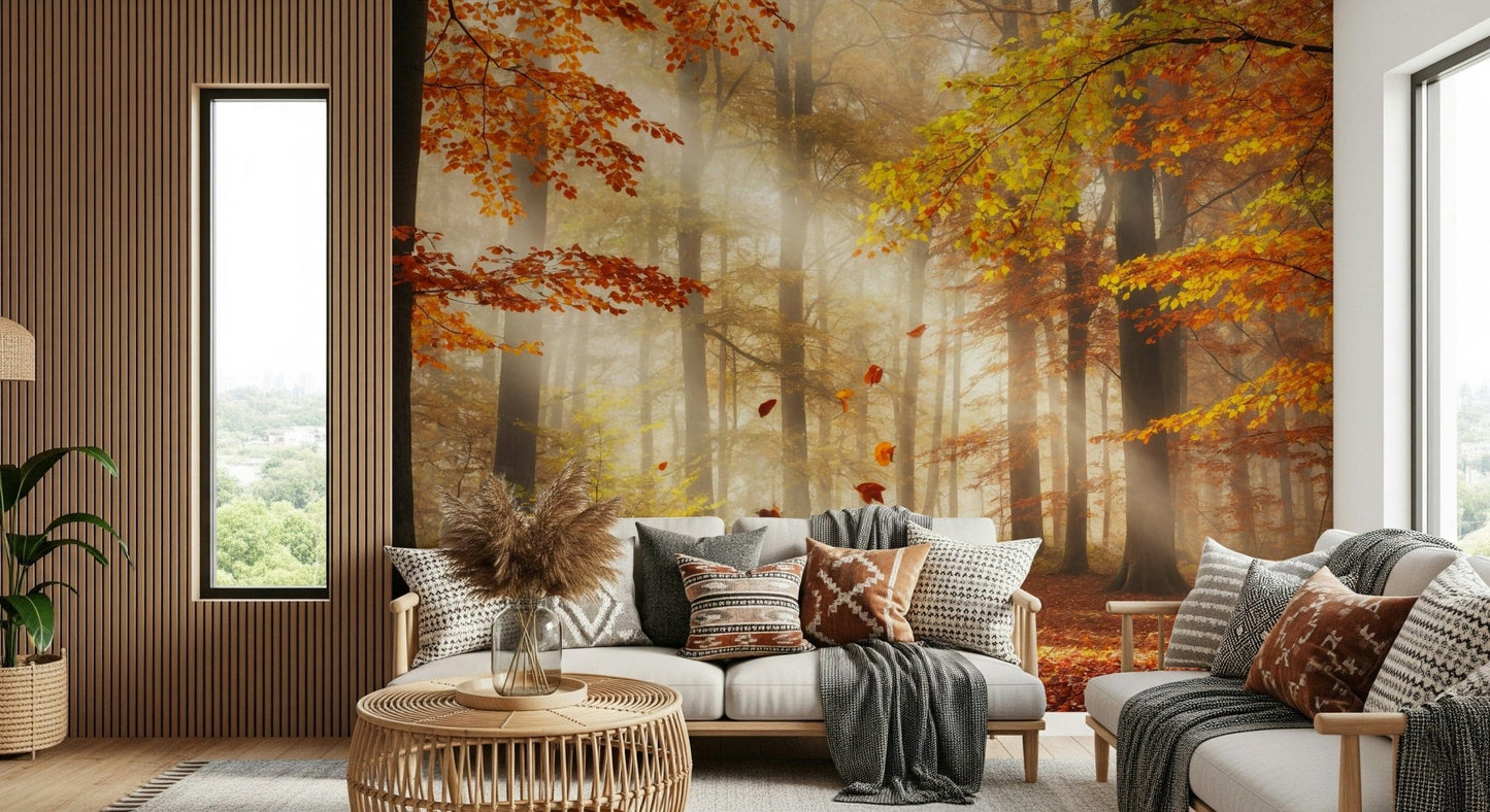 Entryway feature wall with Autumn's Embrace Wall Mural, warm color tones and simple decor
