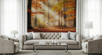 Bedroom side wall with autumn forest wallpaper mural, modern bedside table and soft lighting