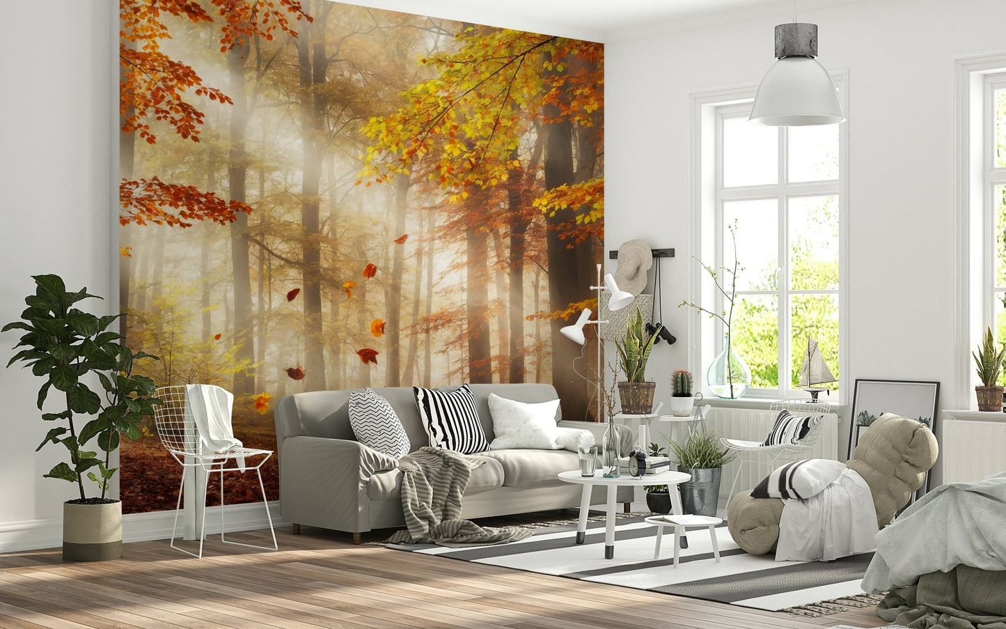 Home office backdrop with fall landscape wall mural, warm color palette and minimalist desk setup