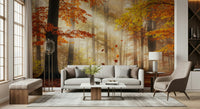 Minimal living room with fall trees wall mural, clean lines, warm color accents, and open space