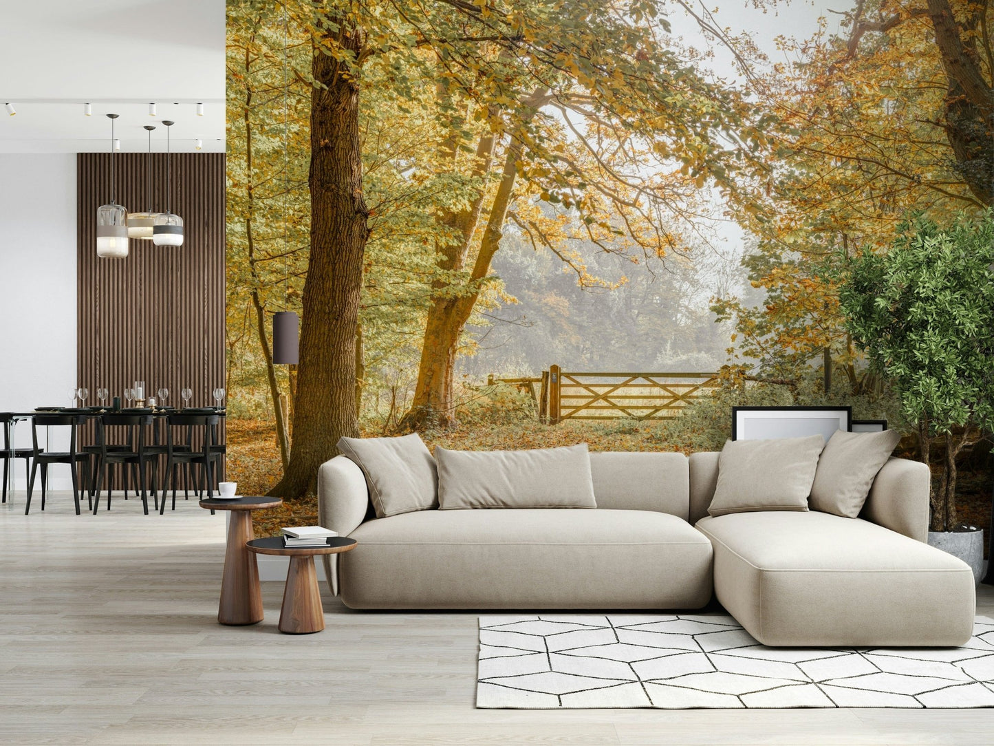 Scenic autumn trail mural on stairway wall, modern interior, golden color highlights