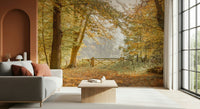 Nature gateway wall mural in home office, modern interior, amber and brown color tones