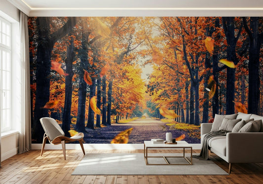 Nature wallpaper of a woodland path surrounded by golden autumn foliage