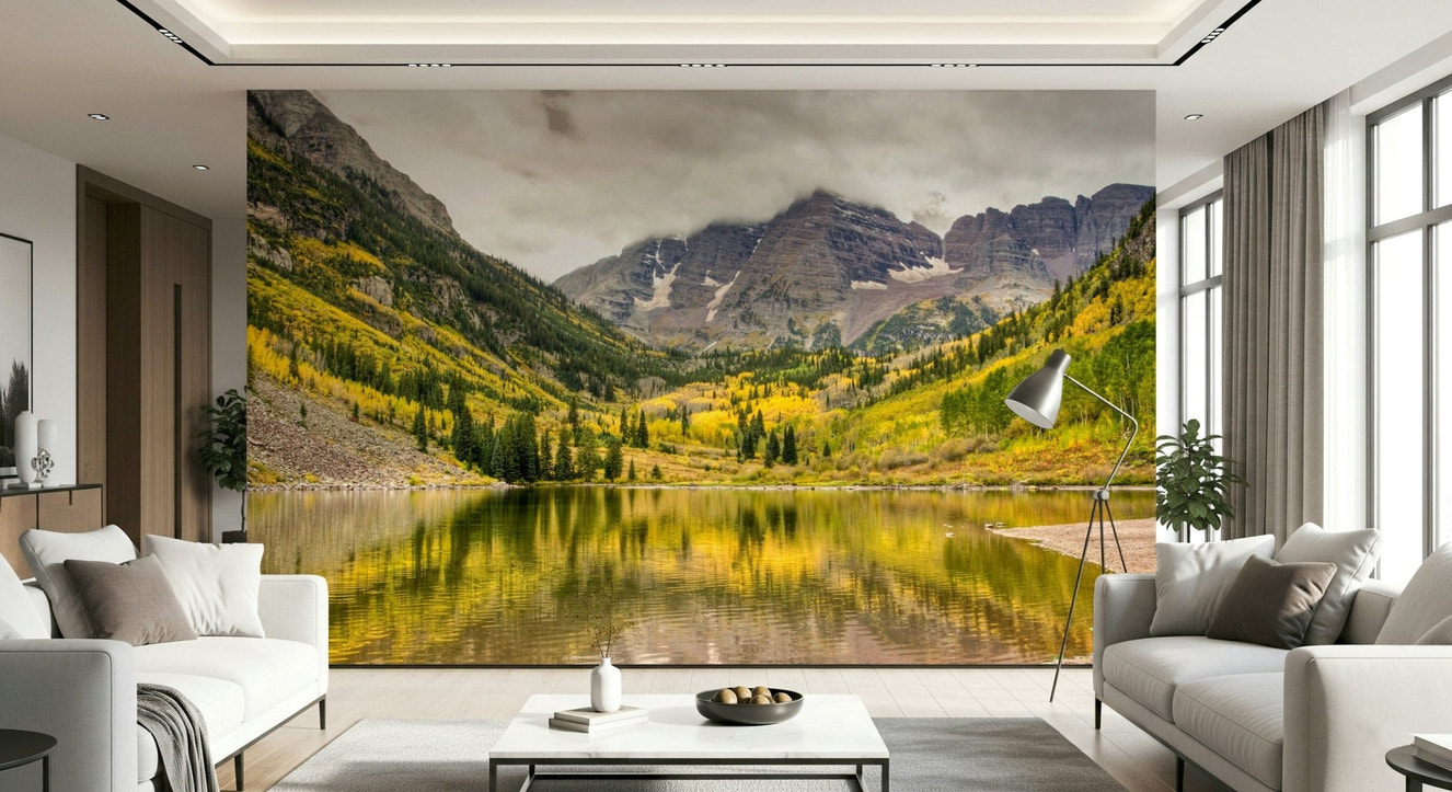 Autumn mountain lake mural in modern living room, warm color tones, feature wall