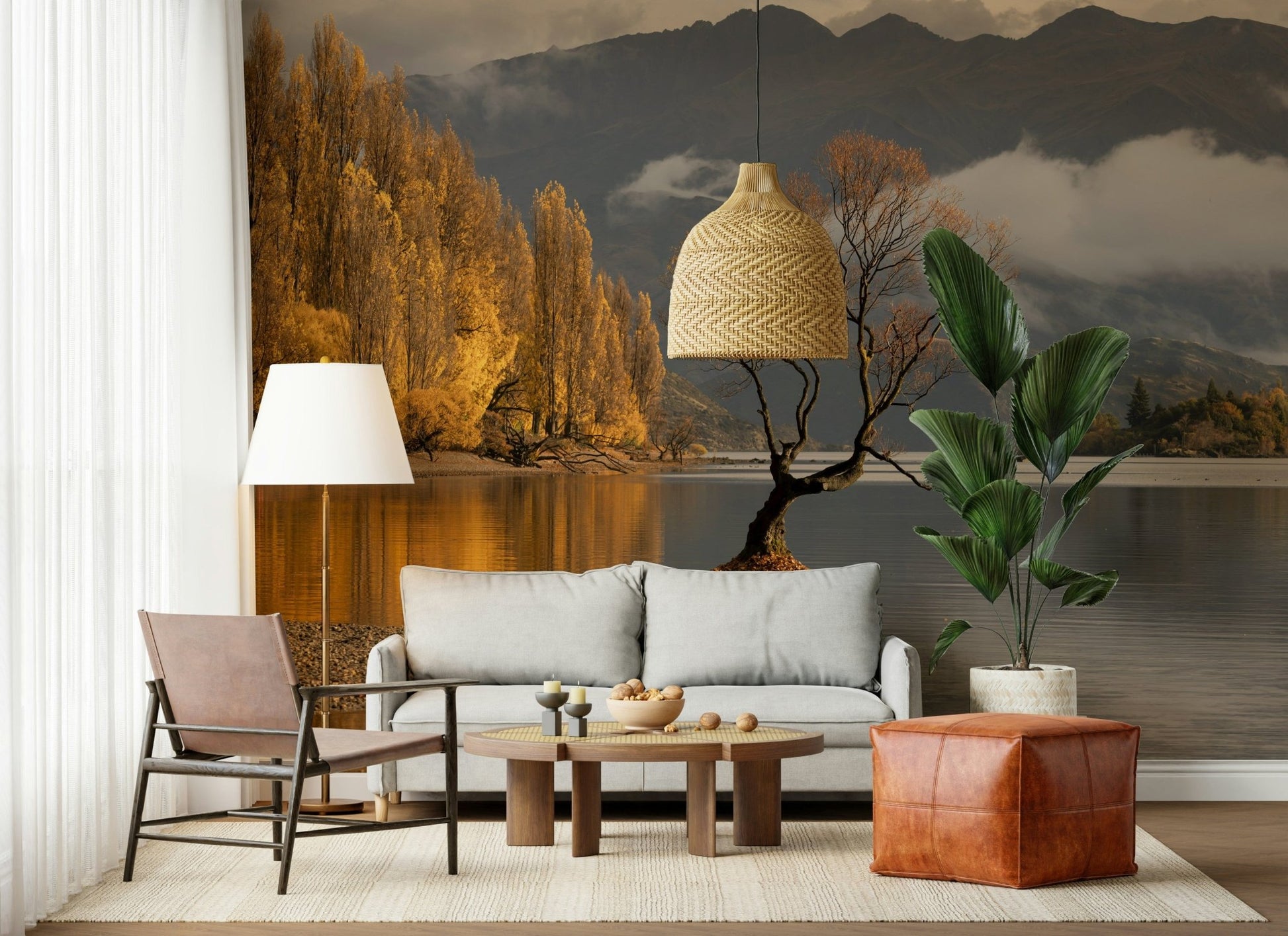 Forest reflection wallpaper mural in home office, earthy color tones, modern wall decor background