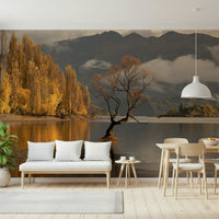 Woodland reflection mural on bedroom feature wall, warm color leaves, calm lake scene backdrop