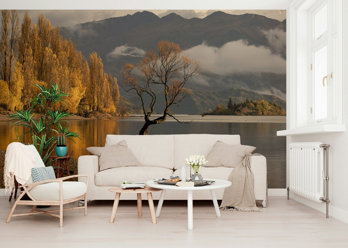 Autumn woodland lake mural in dining area, warm color palette, modern apartment wall decor